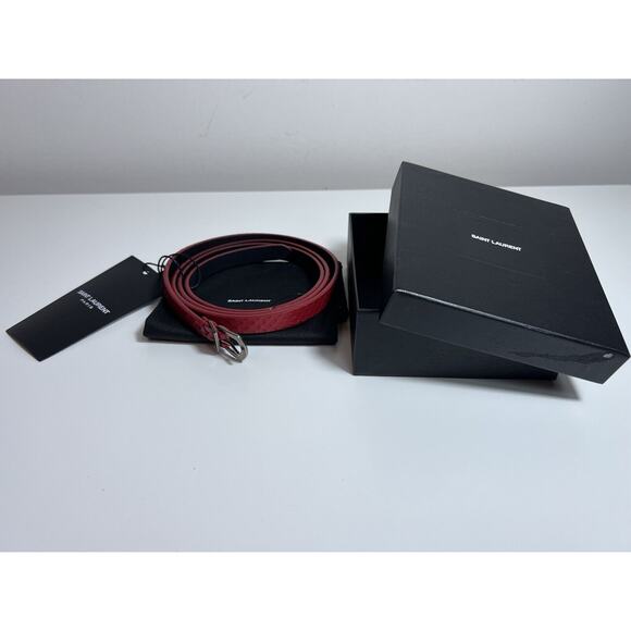 NWT! $445 YSL Saint Laurent Pitone Python Lacquer RED Cherry Skinny Belt 95 Cm - Picture 2 of 11